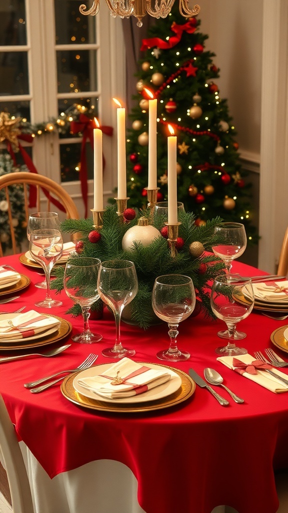 An elegant Christmas table setting with red tablecloth, candles, and festive decorations.